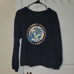 Obey Women's Black Sweater with Blue and Cream Graphic
